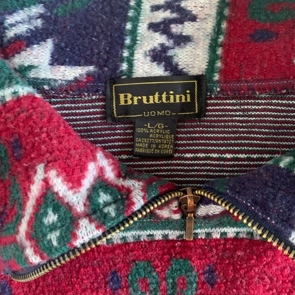 90s Vintage Bruttini Uomo Men's Geometric Mock Neck 3/4 Zip Fleece Sz Large - Picture 7 of 17